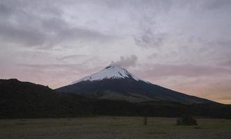 vista panorámica del volcán cotopaxi detrás de un campo verde sin gente en un amanecer nublado foto