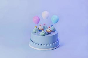 pastel azul pastel mínimo con globo dulce y postre con topping de cupcake para aniversario, ilustración 3d de cumpleaños foto