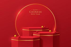 Realistic red, gold 3D hexagon stand or podium set with golden circle ring scene. Minimal scene for chinese new year. Stage showcase, Promotion products display. Vector abstract room, geometric forms.