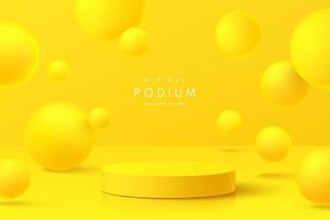 Realistic bright yellow 3D cylinder pedestal podium in abstract room with bouncing sphere balls. Minimal scene for mockup products stage for showcase, promotion display. Vector geometric forms design.