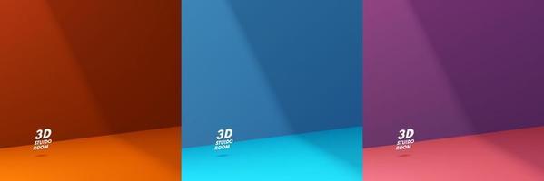 Set of trendy color 3D abstract room in shadow. Realistic blue, pink, purple and orange background for product display. Minimal wall scene for mockup products ,Stage for showcase, Promotion display. vector