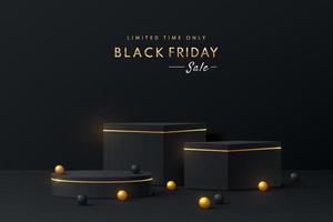 Realistic black, golden 3D cube and cylinder pedestal podium set in dark abstract room. Minimal scene for black friday sale, Mockup products, Stage showcase, promotion display. Vector geometric forms.