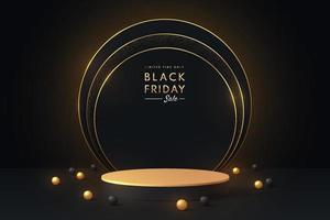 Realistic black and gold 3D cylinder pedestal podium with circle layers overlap scene. Luxury abstract background. Black friday products stage showcase, promotion display. Vector geometric forms.