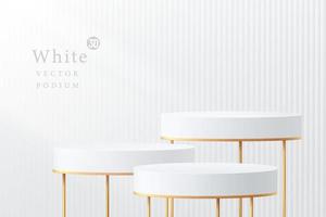 Realistic white cylinder pedestal podium with golden easel and vertical pattern background. Vector abstract room with 3D geometric forms. Luxury minimal scene for products showcase, Promotion display.
