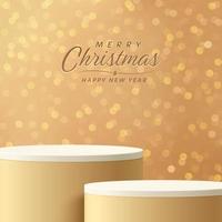 Realistic cream and white 3D stand podium with merry christmas luxury golden festival bokeh scene. Gold and yellow bokeh lights background. Blurred abstract bokeh. Holiday glowing lights with sparkles vector