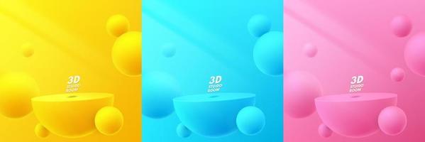 conjunto de podio realista 3d amarillo, azul y rosa flotando en una habitación abstracta con bola de esfera volando. formas geométricas vectoriales. escena mínima para el escenario de productos de maqueta para escaparate, exhibición de promoción. vector