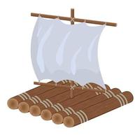 wooden raft with sail, color isolated vector illustration in cartoon style