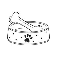 A bowl with a bone for dogs and cats. Vector illustration of a black outline isolated on a white background.