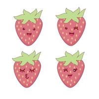 fresa. Cute dibujos animados de fresa, conjunto de caracteres de vector de fruta lindo aislado en blanco