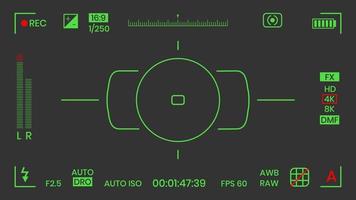 Ilustración de vector de diseño de estilo plano grabadora de marco de foto o video de visión nocturna de visor de cámara. visor de cámara digital con ajustes de exposición y plantilla de cuadrícula de enfoque.