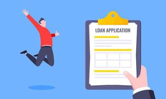 Hand holds loan approval application paper sheets document. vector