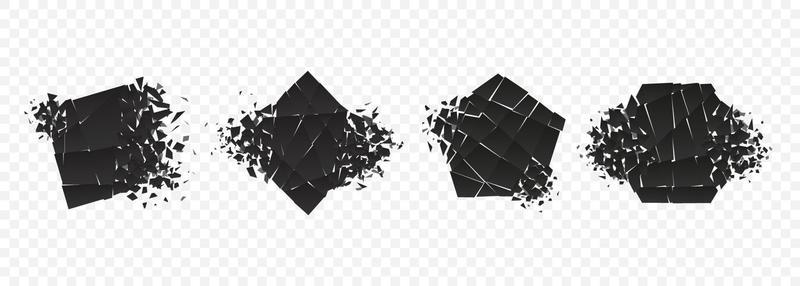 Shape explosion broken and shattered flat style design vector illustration set isolated on transparent background.