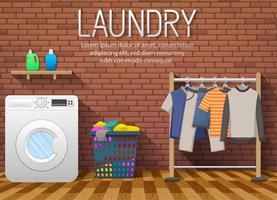 Laundry room with washing machine, drying clothes and clothes basket on brick wall background vector