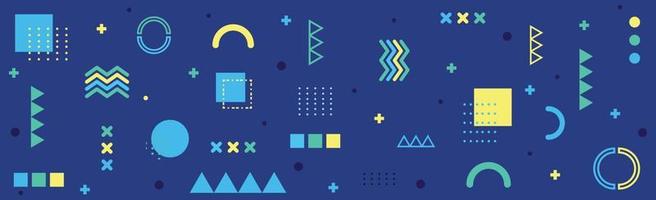 Panoramic dark blue abstract background with different geometric shapes, web template texture - Vector