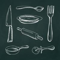 Set of 7 cutlery thin white lines on a textural dark background - Vector