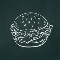 American burger hamburger thin white lines on textural dark background - Vector