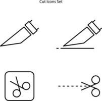 conjunto de líneas de corte, trazos editables. fácil de modificar. icono de corte de papel con línea punteada. tijeras vectoriales con líneas de corte. vector