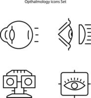 iconos de línea de oftalmología. la ilustración vectorial incluye icono: lentes de contacto, globo ocular, anteojos, ceguera, control ocular, pictograma de contorno vector