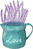 Hand-drawn vector vase watering can with lavender in Provence style, cozy decor