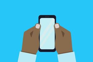 Hands holding a smartphone. Close-up of a blank mobile phone screen in the hands of an African-American man on a blue background. Using a mobile phone. Vector illustration in a flat style.