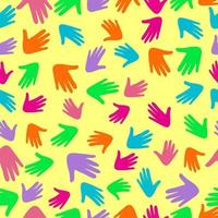 Colorful vector pattern with illustration of a people s hands with different skin color together. Race equality, diversity, tolerance illustration. Can be used for backgrounds or prints.