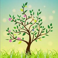 Abstract tree with green leaves, flowers on a colorful and sunny background. vector