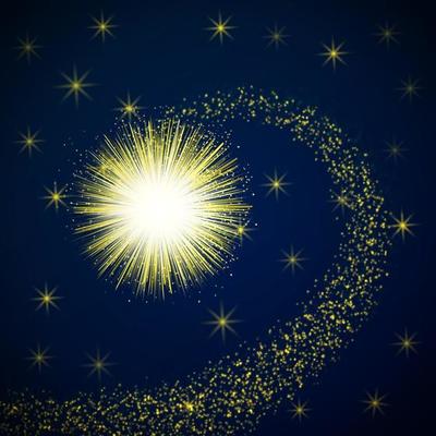 Gold explosion in space with sparkling particles. Magic background vector.