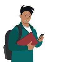 Indian student portrait with books in one hand and phone in the other, isolated on white, flat vector, happy indian student vector