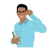 Portrait of Indian student with glasses and with books, flat vector isolated on white background, happy Indian student