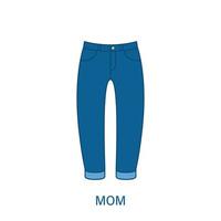 Woman Mom Fit Type Jeans Trousers Silhouette Icon. Modern Women Denim Clothing Style. Blue Fashion Casual Apparel. Beautiful Type of Female Pants. Mom Fit Pant. Isolated Vector Illustration.