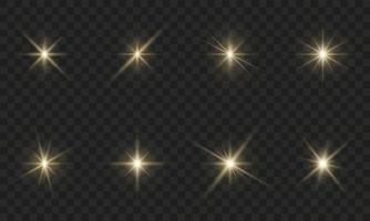 Golden Flare Sparkle Star on Transparent Background. Gold Light Beam Shine Effect. Gleam Glitter Festive Set. Bokeh Glare Shiny Sparkle. Gold Burst Illuminated Flare. Isolated Vector Illustration.