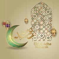 saludo islámico con caligrafía eid al adha, símbolo kaaba, linterna y adorno de mosaico. ilustración vectorial vector