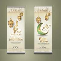 Luxurious Muharram calligraphy Islamic and happy new hijri year, set roll up banner template vector