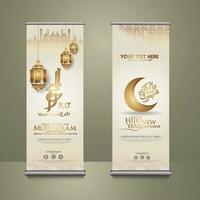 Luxurious Muharram calligraphy Islamic and happy new hijri year, set roll up banner template vector