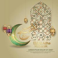 islamic greeting with Eid al adha calligraphy, kaaba symbol, lantern and mosaic ornament. vector illustration