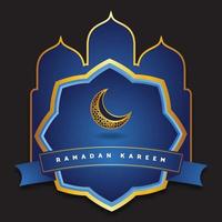 Blue and gold color design for Ramadan Kareem Arabic Calligraphy with mosque silhouette, crescent moon and Islamic lanterns vector