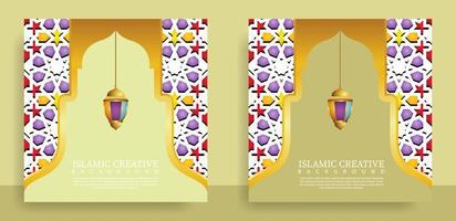 Set greeting card islamic background template with design technique made with texture and decorative colorful details of Islamic art ornaments floral mosaic vector illustration