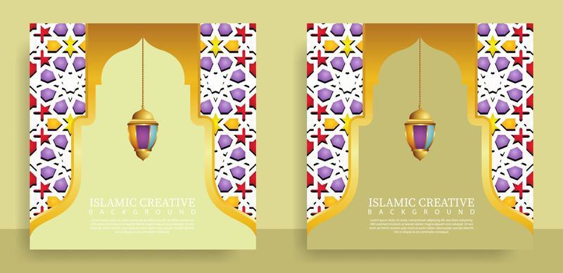 Set greeting card islamic background template with design technique made with texture and decorative colorful details of Islamic art ornaments floral mosaic vector illustration