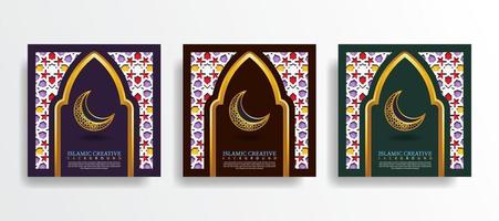 Set greeting card islamic background template with design technique made with texture and decorative colorful details of Islamic art ornaments floral mosaic vector illustration