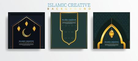 Set greeting card islamic background template with design technique made with texture and decorative colorful details of Islamic art ornaments floral mosaic vector illustration