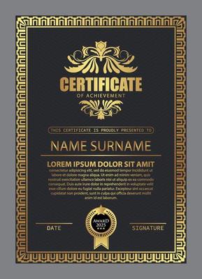 Certificate Design. Diploma currency border template. Dark colored gift voucher award background.