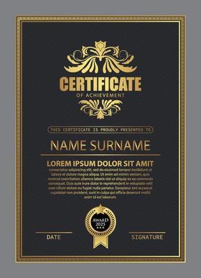 Certificate Design. Diploma currency border template. Dark colored gift voucher award background.