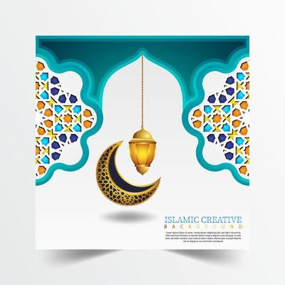 Islamic design greeting card background template with decorative colorful details of Islamic art ornaments floral mosaic vector illustration