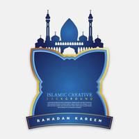 Blue and gold color design for Ramadan Kareem Arabic Calligraphy with mosque silhouette, crescent moon and Islamic lanterns vector