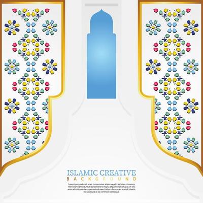 Islamic design greeting card background template with decorative colorful details of Islamic art ornaments floral mosaic vector illustration