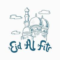 eid al fitr with mosque hand drawn style vector