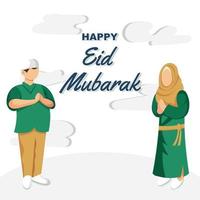 happy eid mubarak flat illustration with muslim and cloud vector