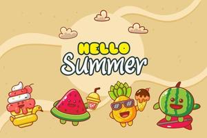 hello summer with watermelon, pineapple, and ice cream vector