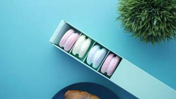 macaroon in a paper box on light green background video