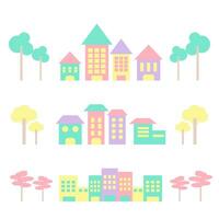vector houses and trees in pastel tones